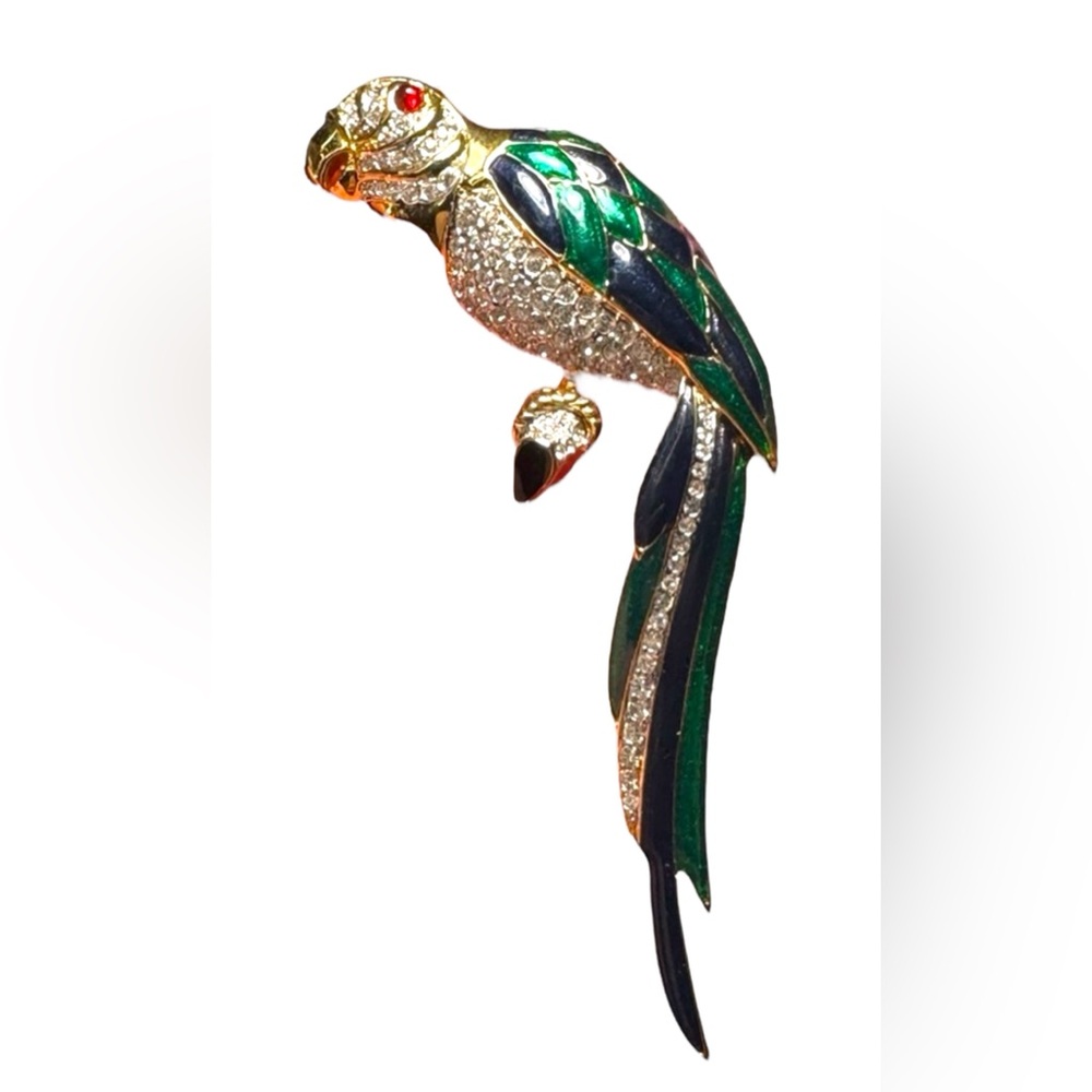 Vintage Dorlan stamped enameled colorful crystal large bird brooch